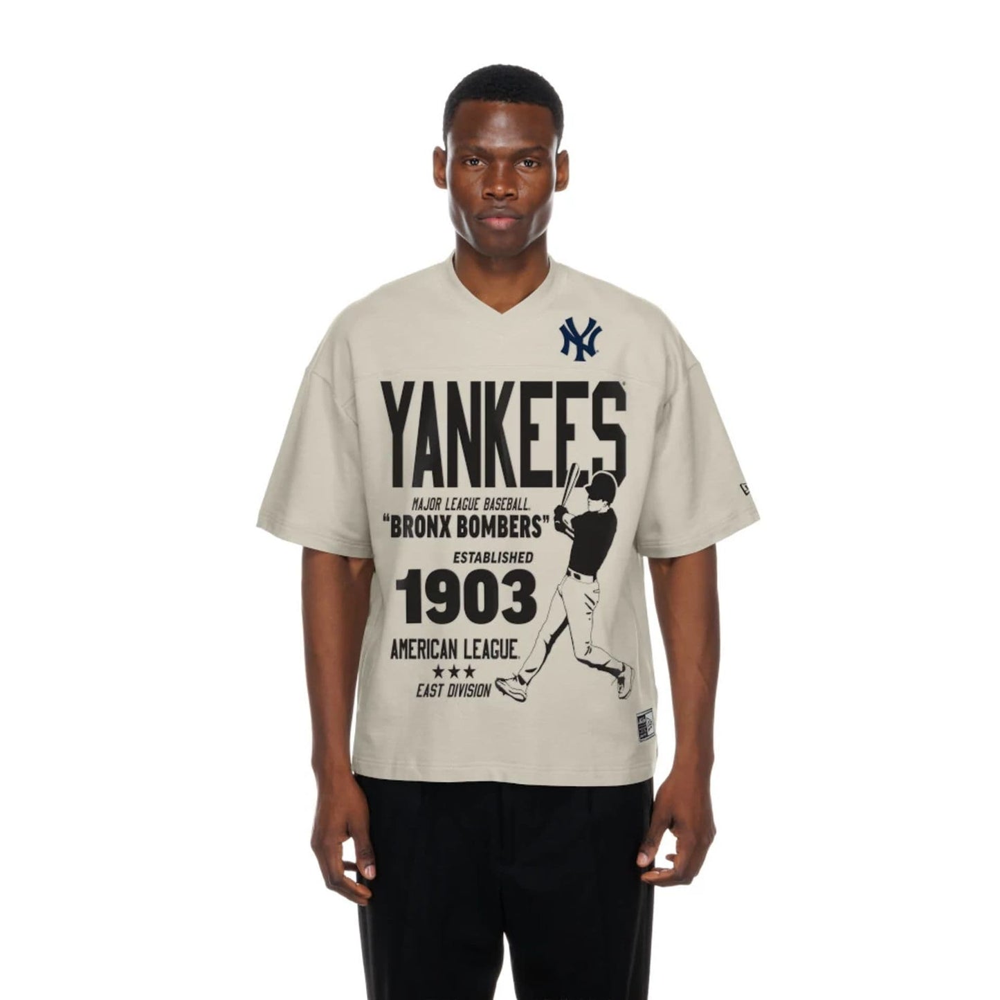 The Male model is wearing New York Yankees MLB Throwback Prep Light Beige T-Shirt  1