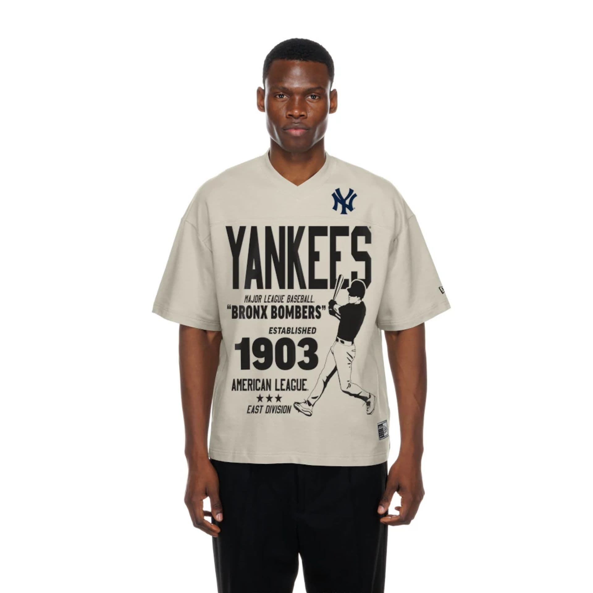 The Male model is wearing New York Yankees MLB Throwback Prep Light Beige T-Shirt  1