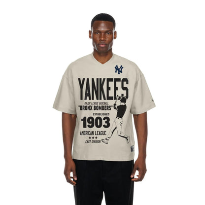 The Male model is wearing New York Yankees MLB Throwback Prep Light Beige T-Shirt 1