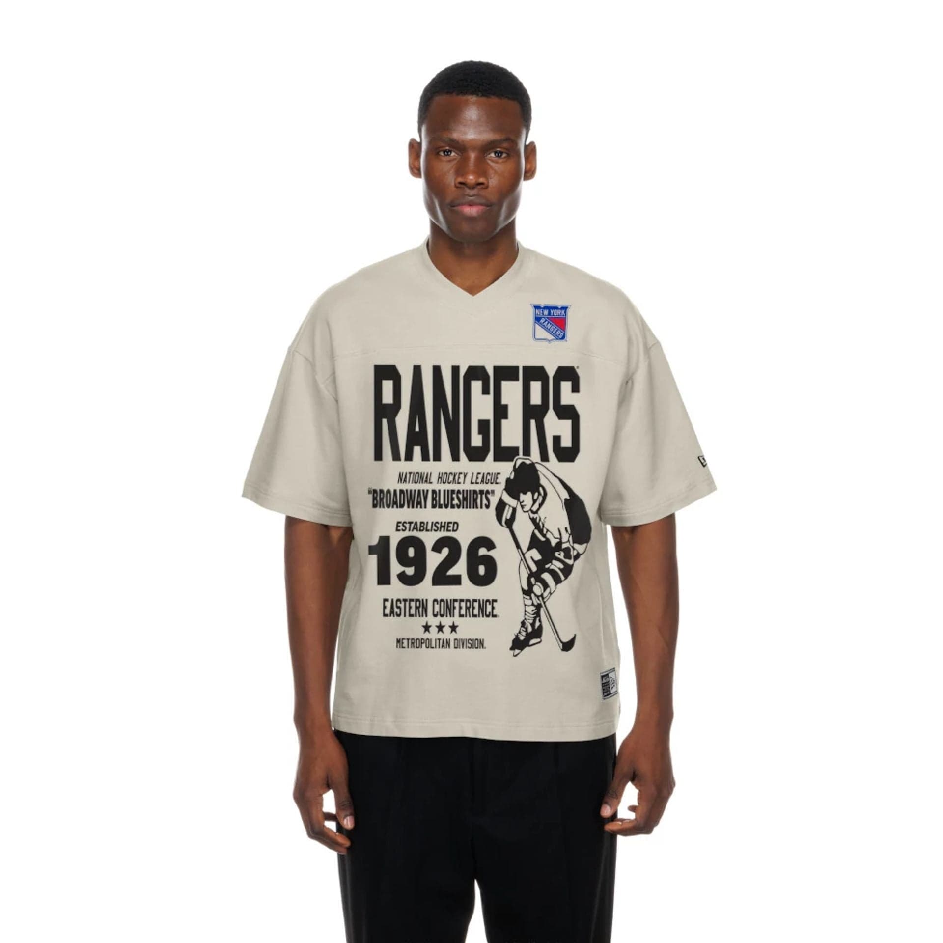 The Male model is wearing New York Rangers NHL Throwback Prep Light Beige T-Shirt  1