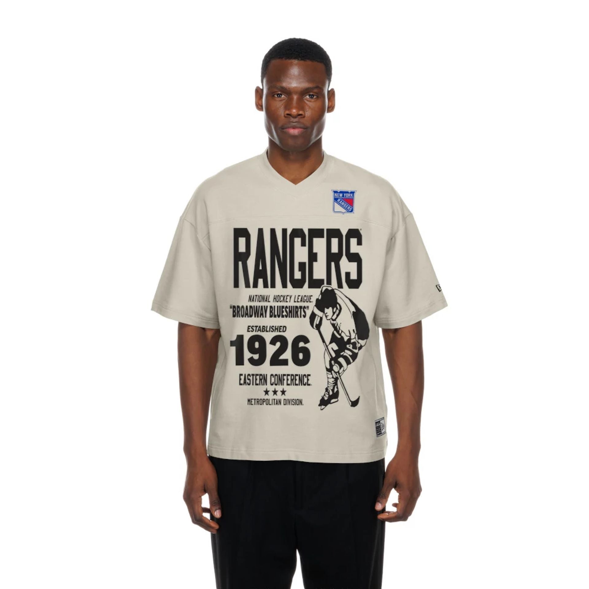 The Male model is wearing New York Rangers NHL Throwback Prep Light Beige T-Shirt  1