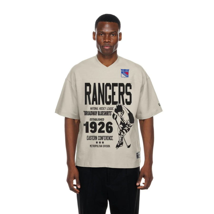 The Male model is wearing New York Rangers NHL Throwback Prep Light Beige T-Shirt  1