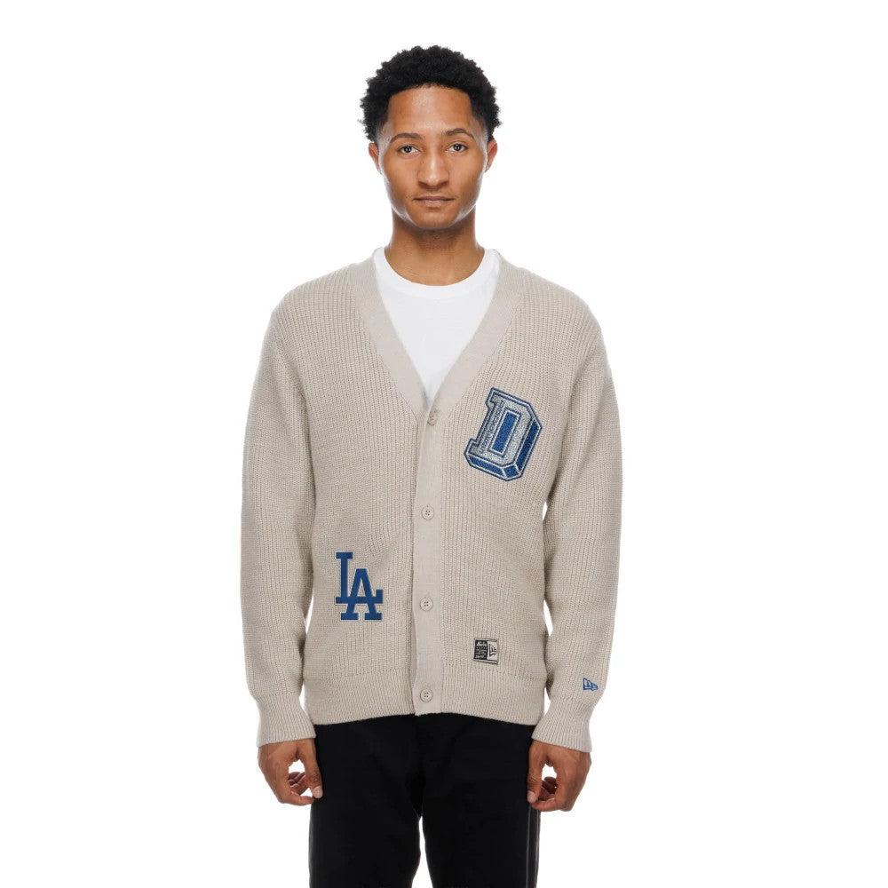 The Male model is wearing LA Dodgers MLB Throwback Prep Light Beige Cardigan 1