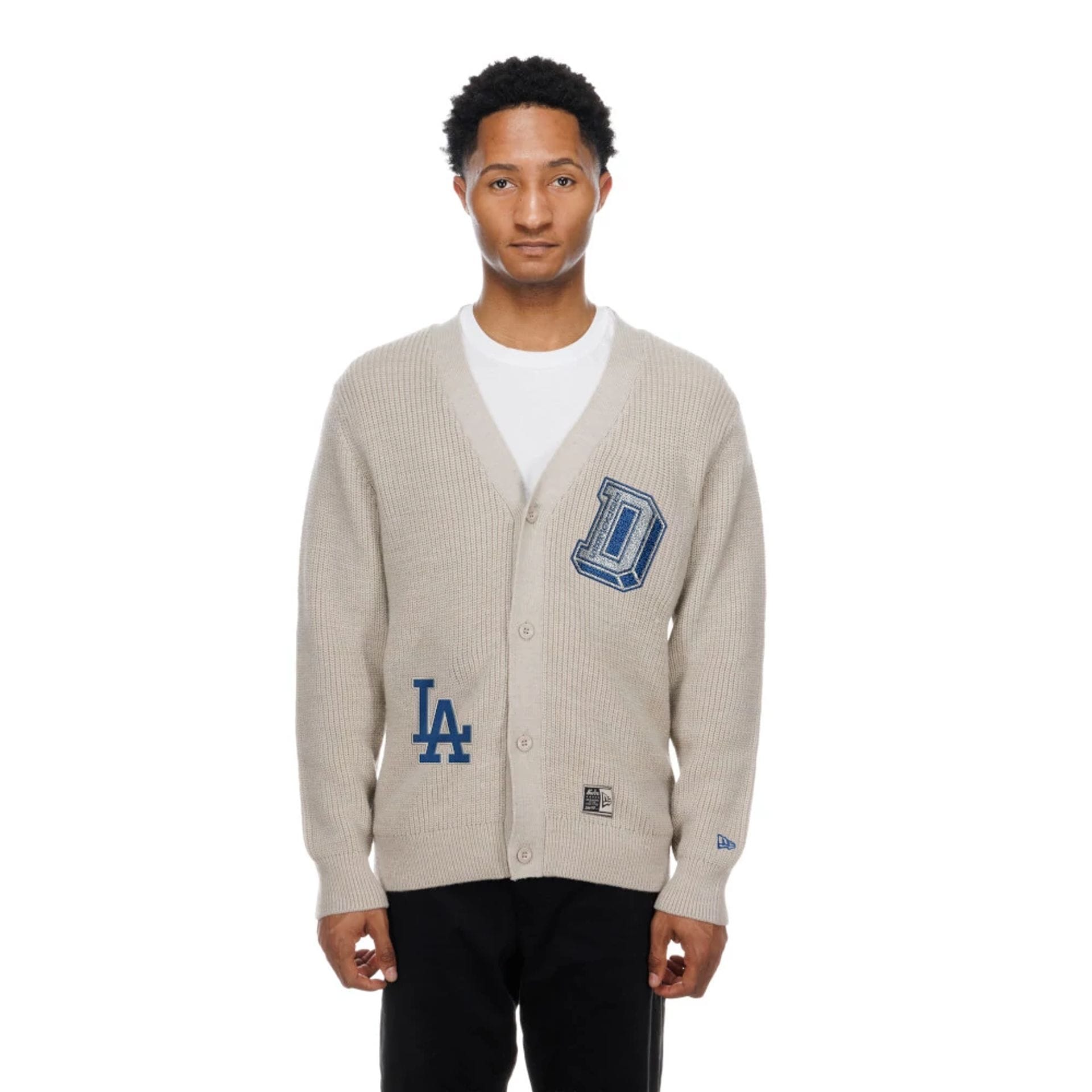 The Male model is wearing LA Dodgers MLB Throwback Prep Light Beige Cardigan 1