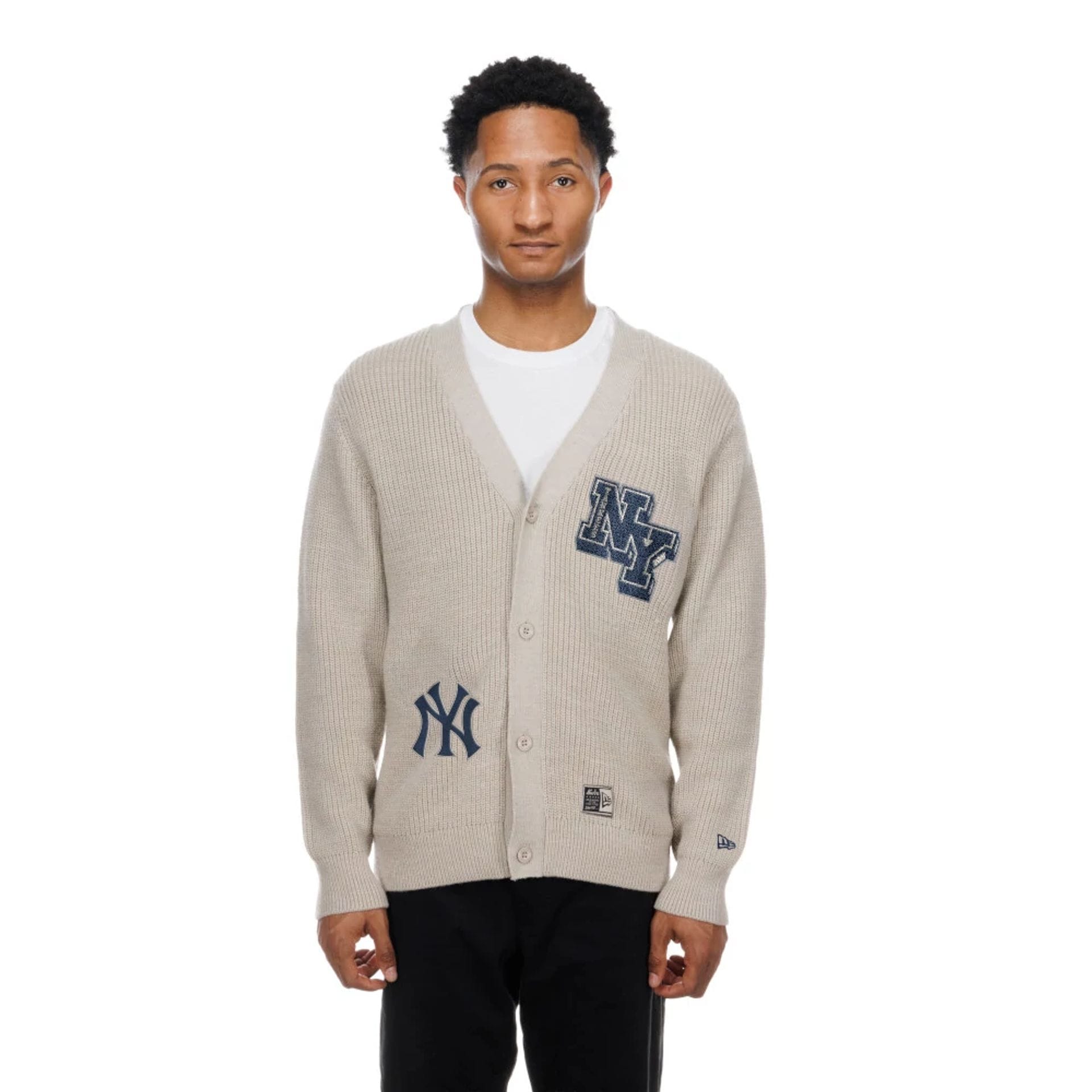 The Male model is wearing New York Yankees MLB Throwback Prep Light Beige Cardigan 1