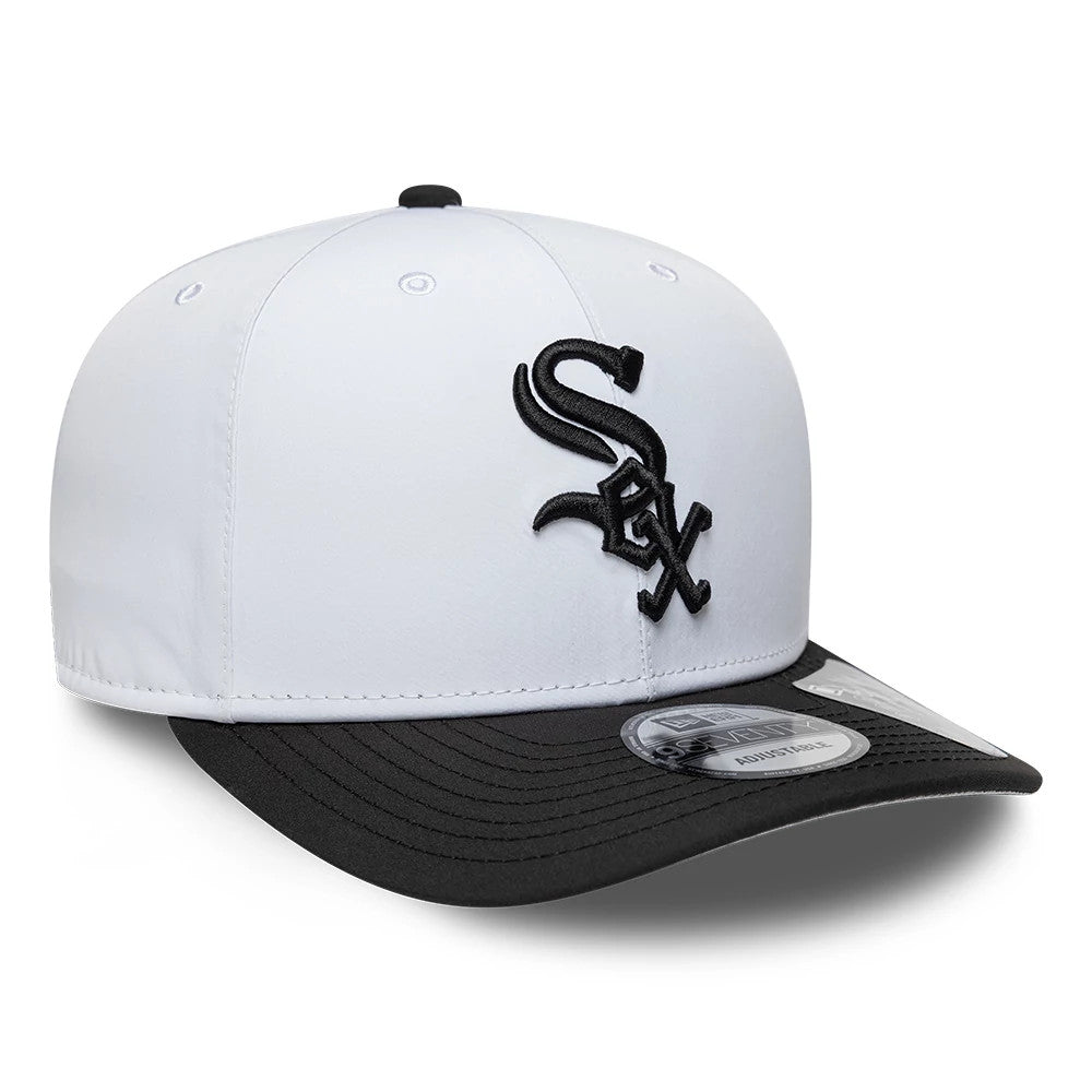 Chicago White Sox MLB Gore-Tex White New Era 9SEVENTY Stretch Snap Adjustable Cap, front view showing the raised black embroidered Sox logo on the white crown, a curved black visor, and a 9SEVENTY size sticker.