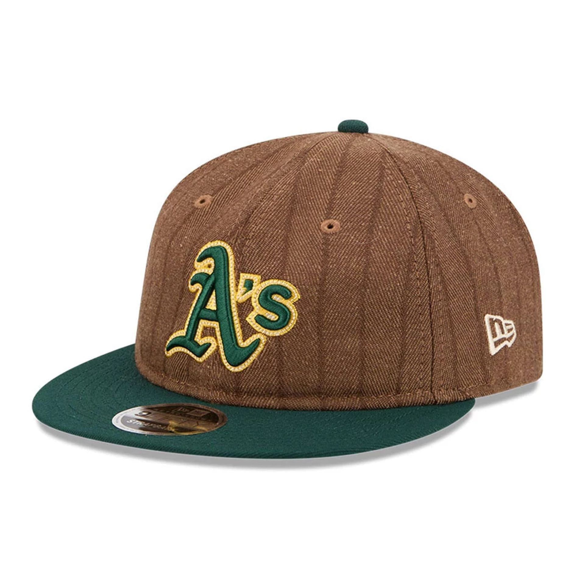 This is a Oakland Athletics Three Looms x MLB Wool Pinstripe Dark Green Retro Crown 9FIFTY Adjustable Cap 1