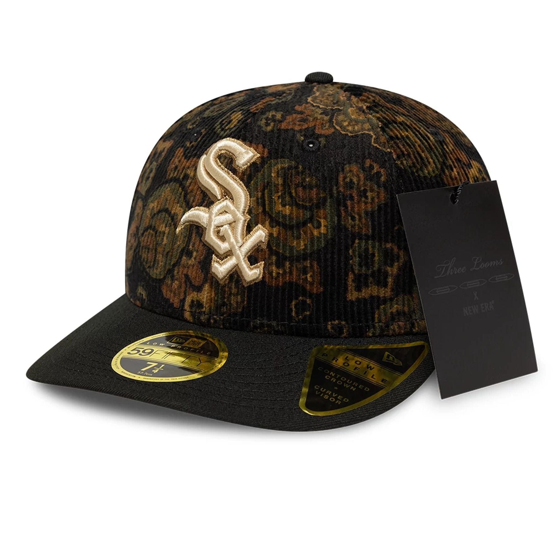 This is a Chicago White Sox Three Looms x MLB Floral Cord Black Low Profile 59FIFTY Fitted Cap 1