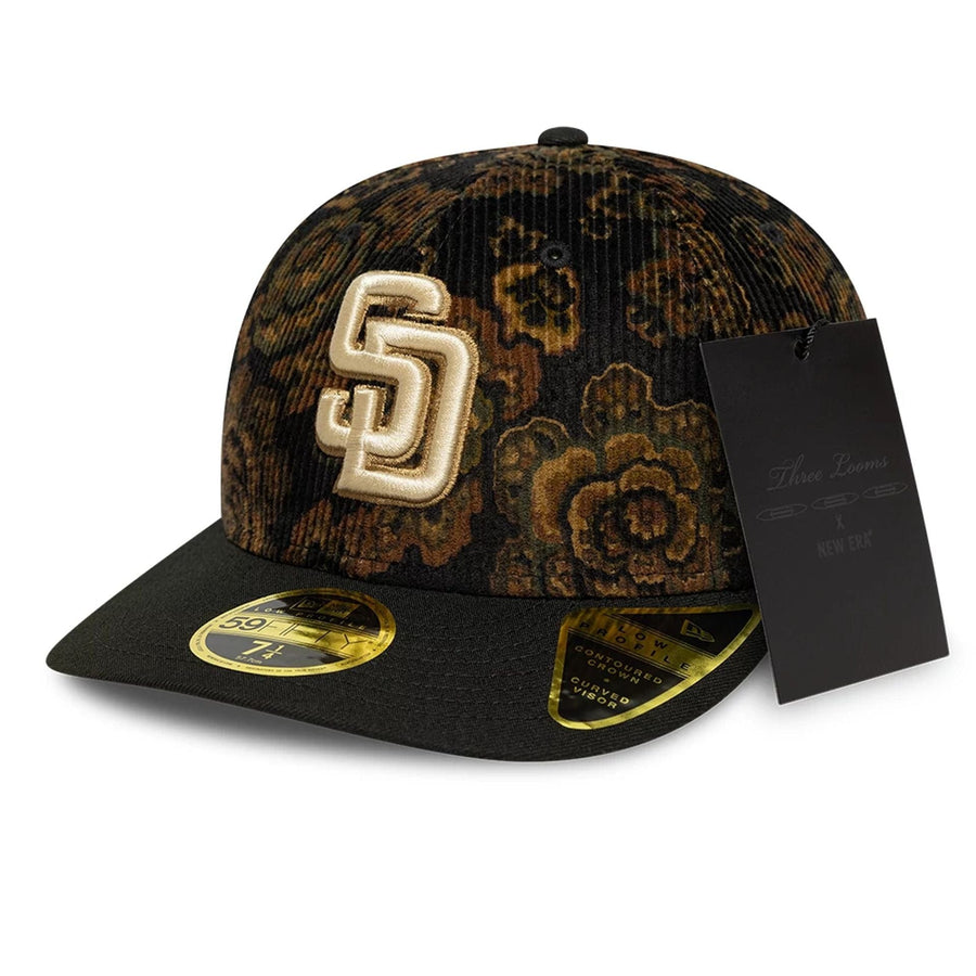 This is a San Diego Padres Three Looms x MLB Floral Cord Black Low Profile 59FIFTY Fitted Cap 1