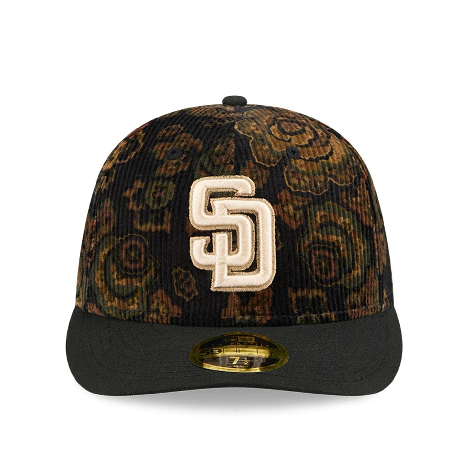 This is a San Diego Padres Three Looms x MLB Floral Cord Black Low Profile 59FIFTY Fitted Cap 3