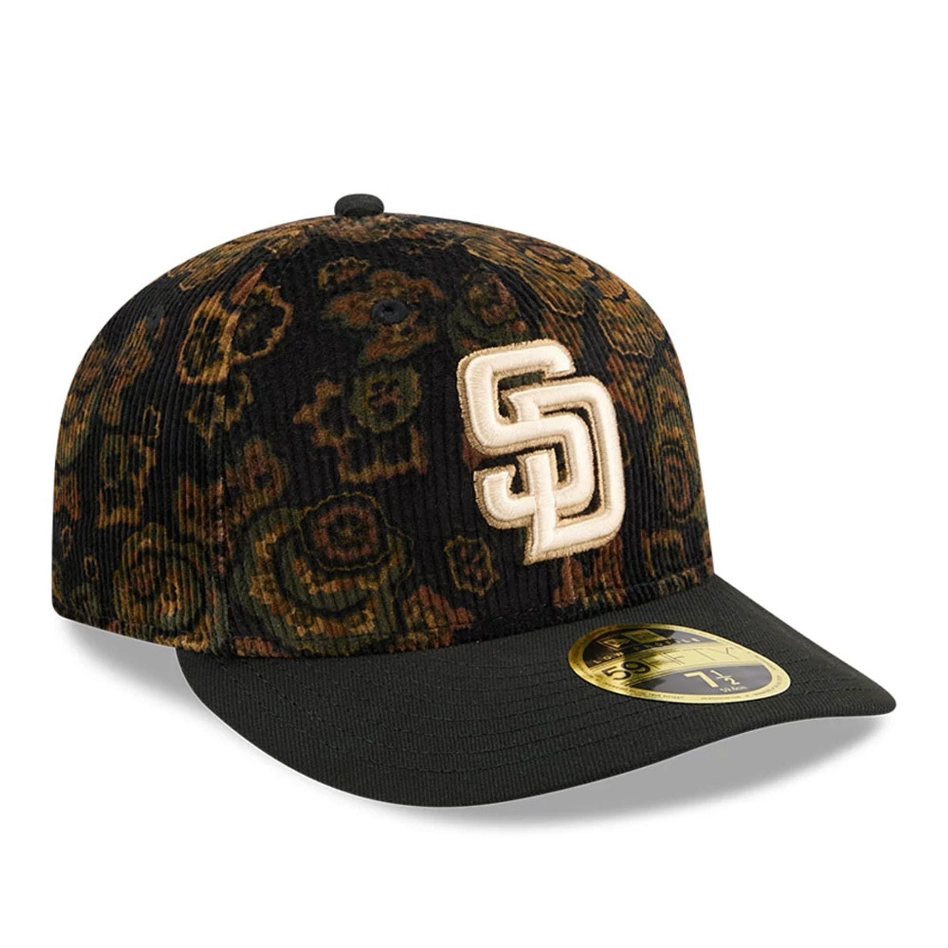 This is a San Diego Padres Three Looms x MLB Floral Cord Black Low Profile 59FIFTY Fitted Cap 4