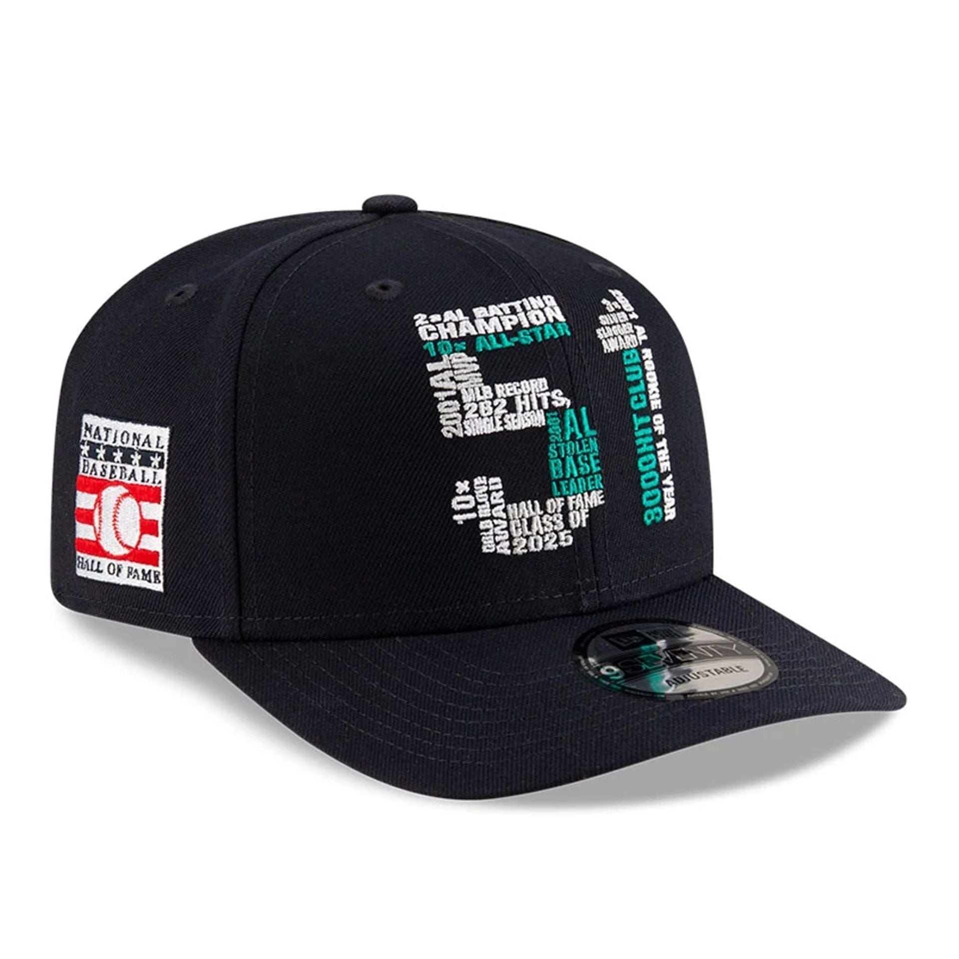 This is a Seattle Mariners MLB 2025 Ichiro Hall Of Fame Navy 9SEVENTY Stretch Snap Adjustable Cap 1