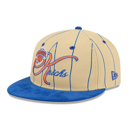 This is a New York Knicks Pinstripe Script Cream Retro Crown 9FIFTY Adjustable Cap 1