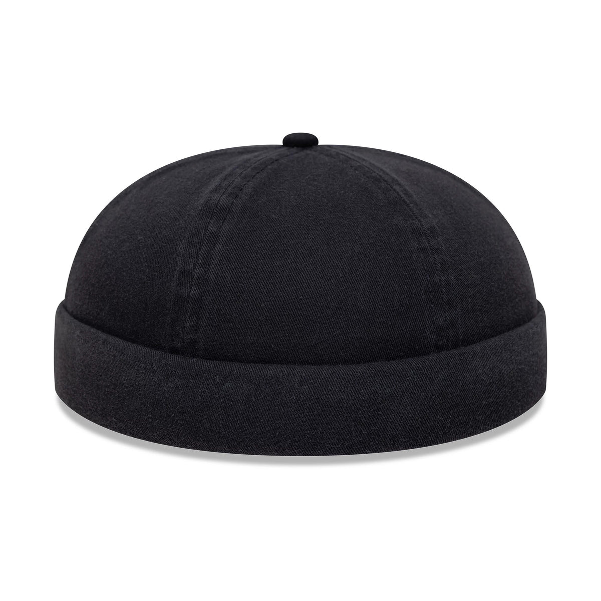 New Era Washed Cotton Navy Docker Adjustable Hat, front view showing the navy fabric and structured crown with a top button, featuring a folded cuff around the entire crown for a classic docker style.