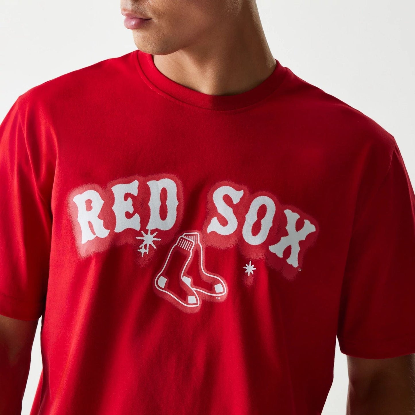 The Male model is wearing Boston Red Sox OVO x MLB Red T-Shirt 5
