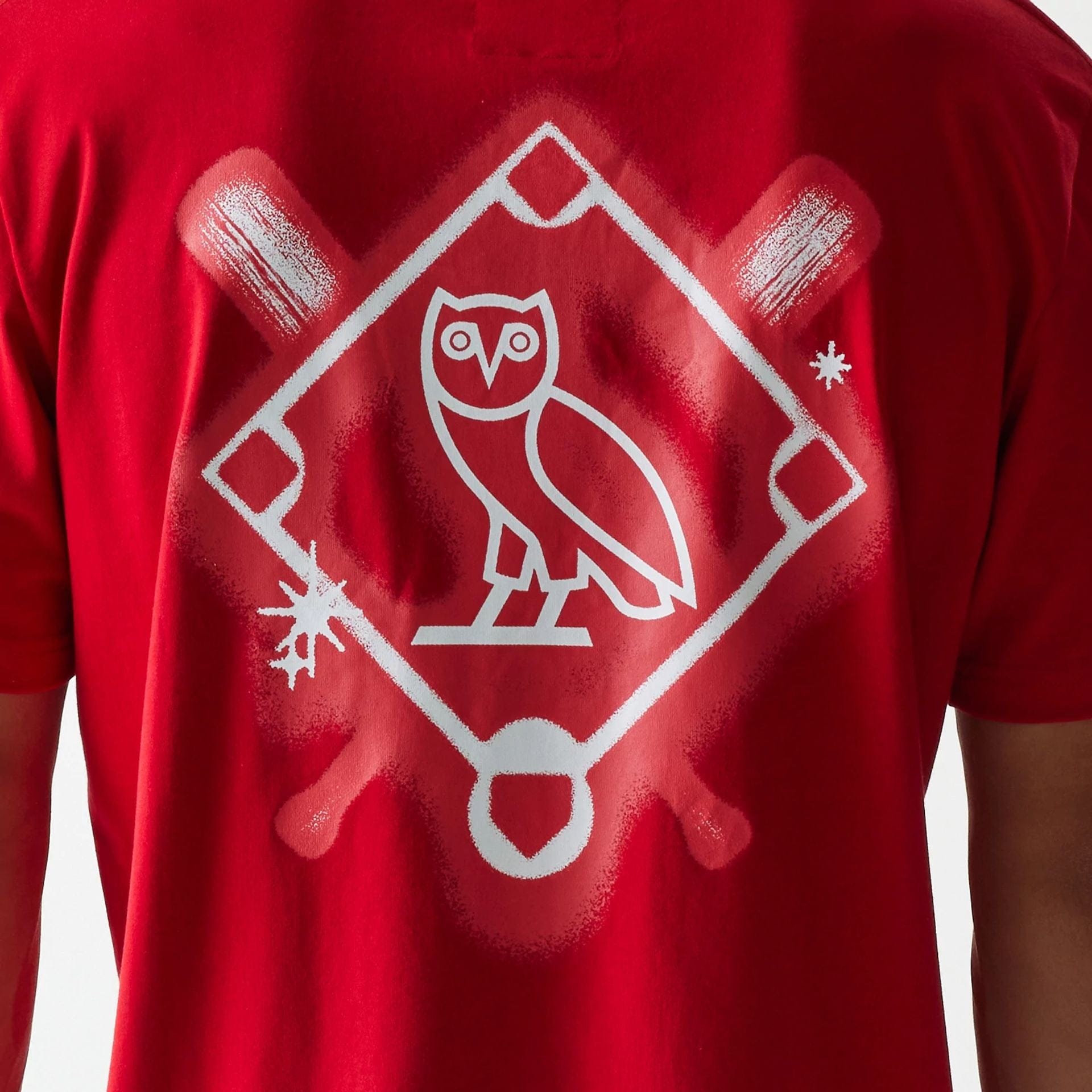 The Male model is wearing Boston Red Sox OVO x MLB Red T-Shirt 4
