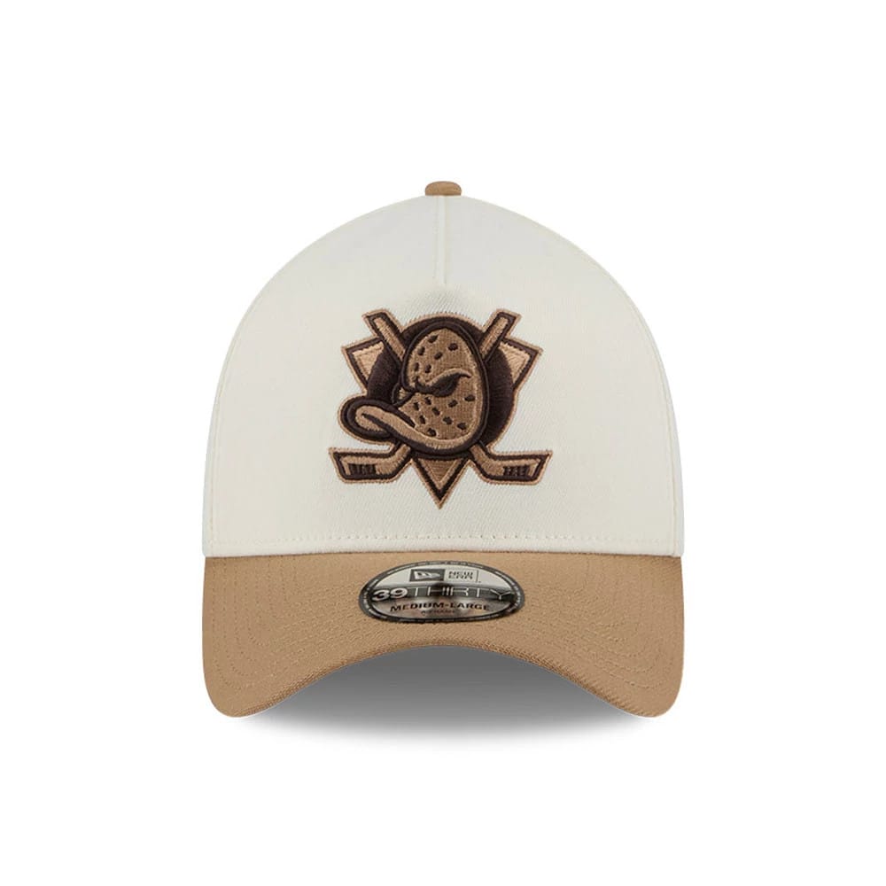 Pictured is this NHL Sandy Bay Anaheim Ducks 39THIRTY A-Frame Stretch Fit cap in white. 3