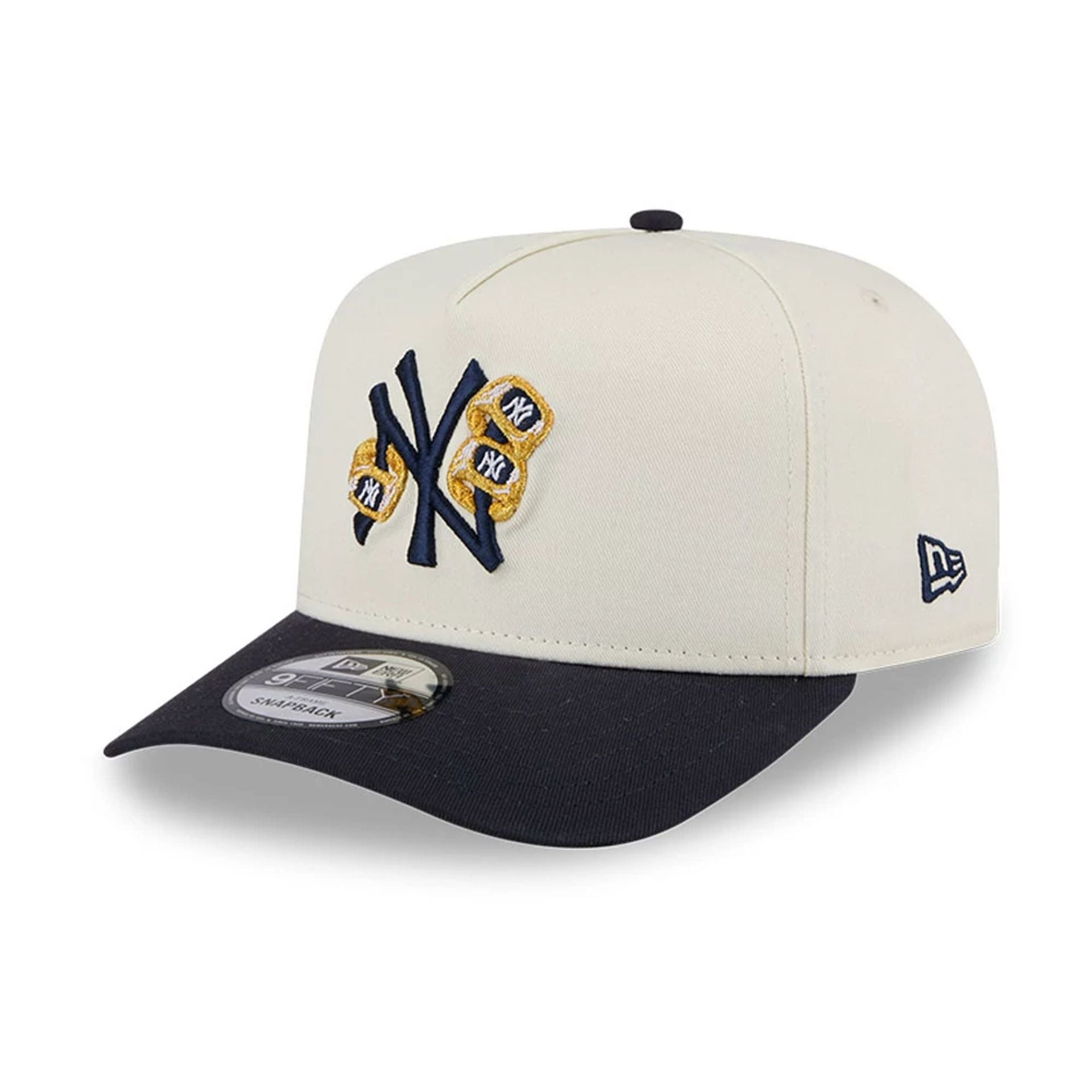 Pictured is this MLB 3 Times World Series New York Yankees 9FIFTY A-Frame Snapback cap in white. 4