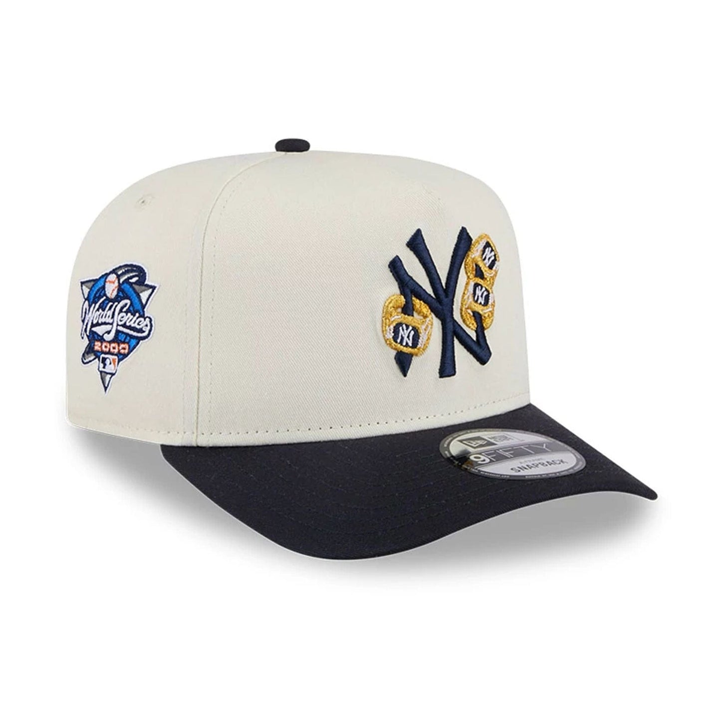Pictured is this MLB 3 Times World Series New York Yankees 9FIFTY A-Frame Snapback cap in white. 1