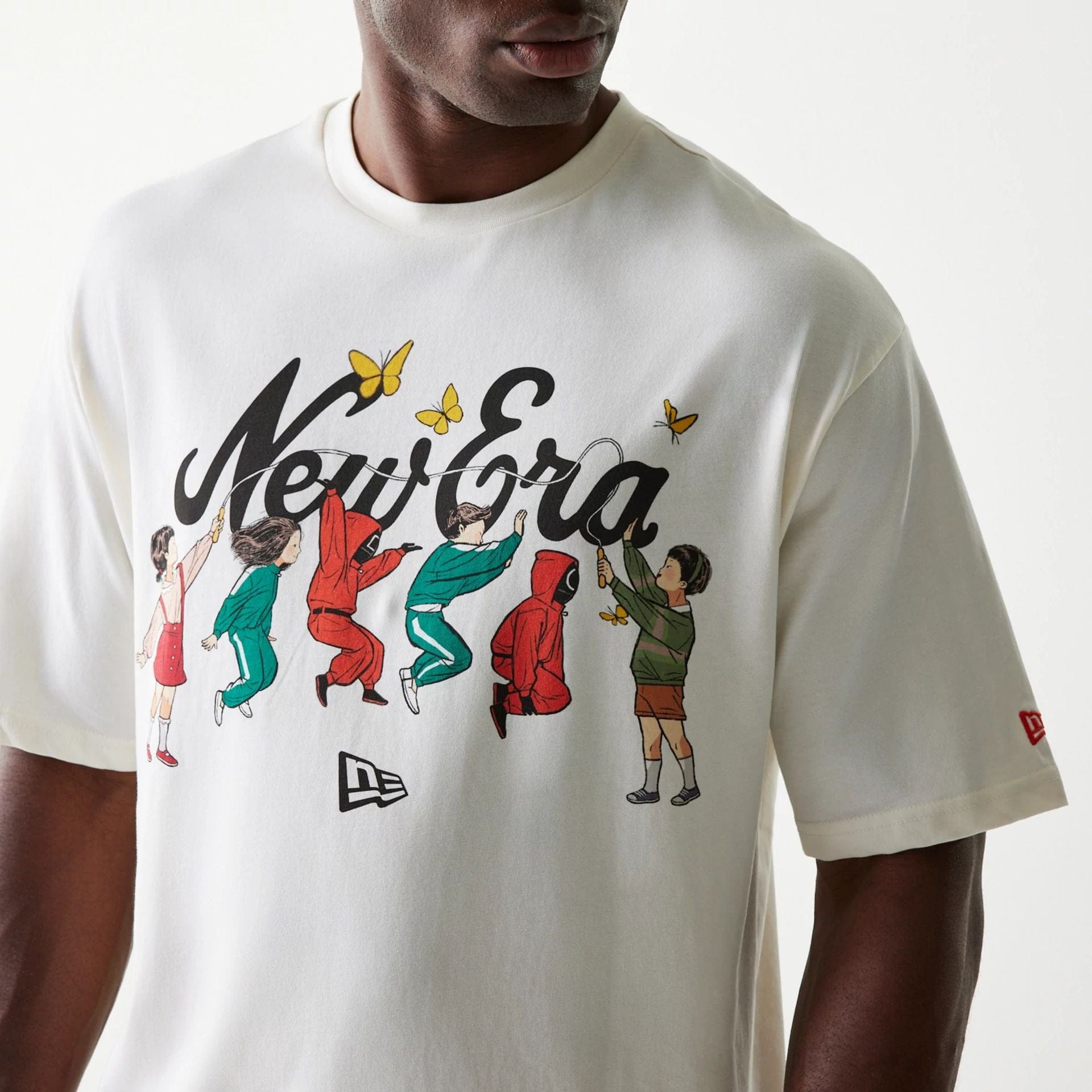 The Male model is wearing Netflix Squid Game Open White T-Shirt 3