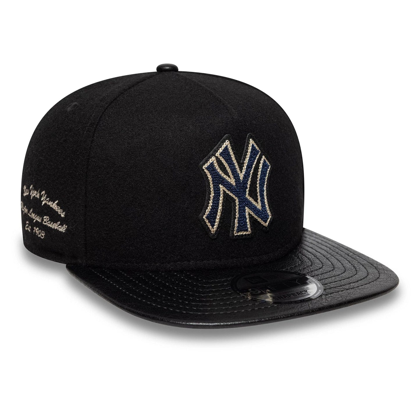 This is a New York Yankees Wool Letterman Black 9FIFTY A-Frame Snapback Adjustable Cap 1