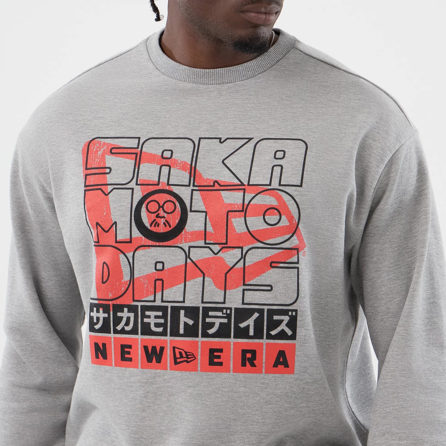 The Male model is wearing Sakamoto Days Netflix Grey Crew Neck Sweater 3