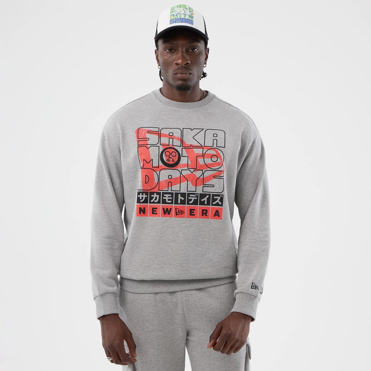 The Male model is wearing Sakamoto Days Netflix Grey Crew Neck Sweater 1