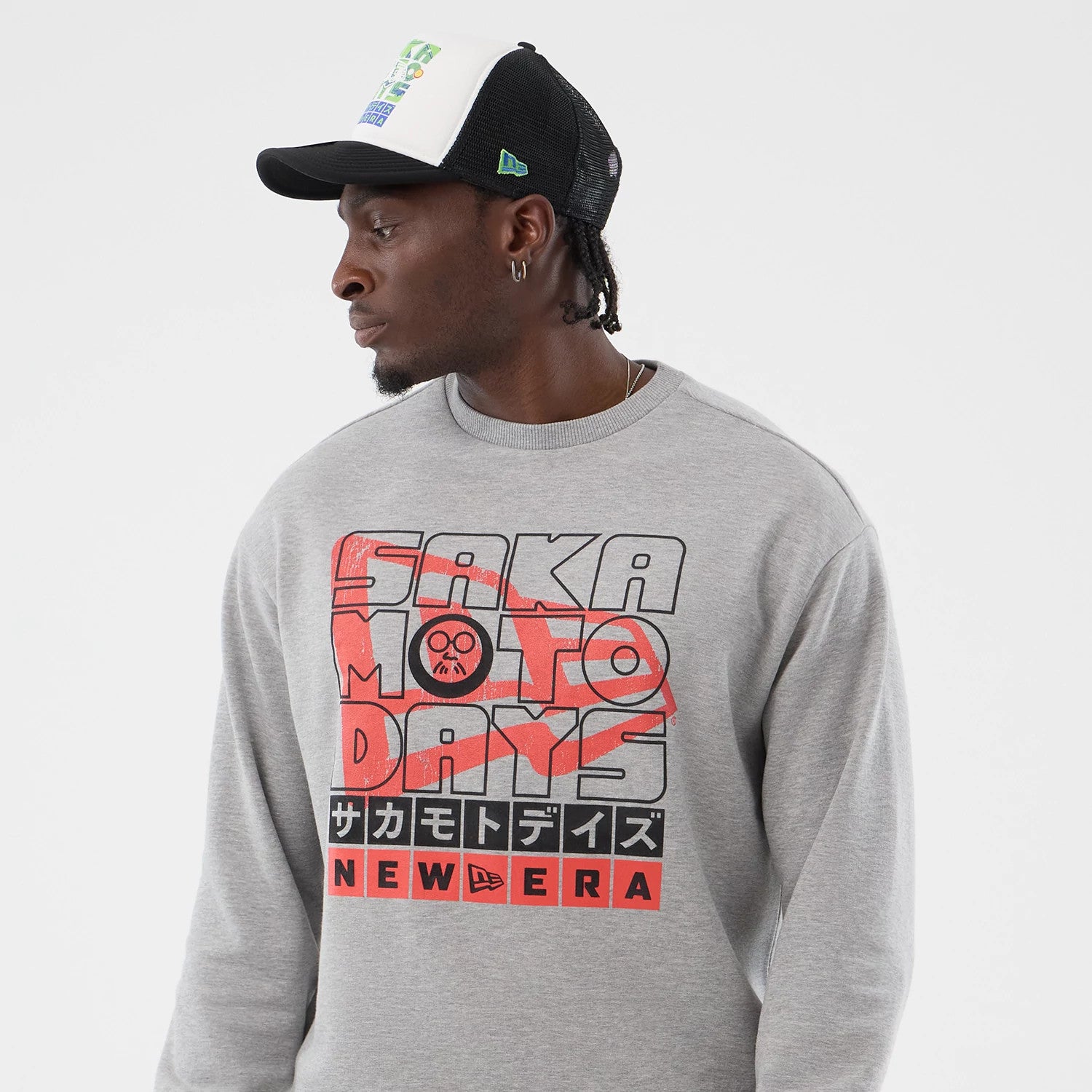 The Male model is wearing Sakamoto Days Netflix Grey Crew Neck Sweater 5
