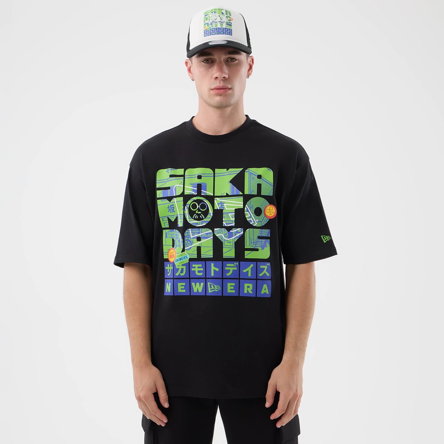 The Male model is wearing Sakamoto Days Netflix Black T-Shirt 1