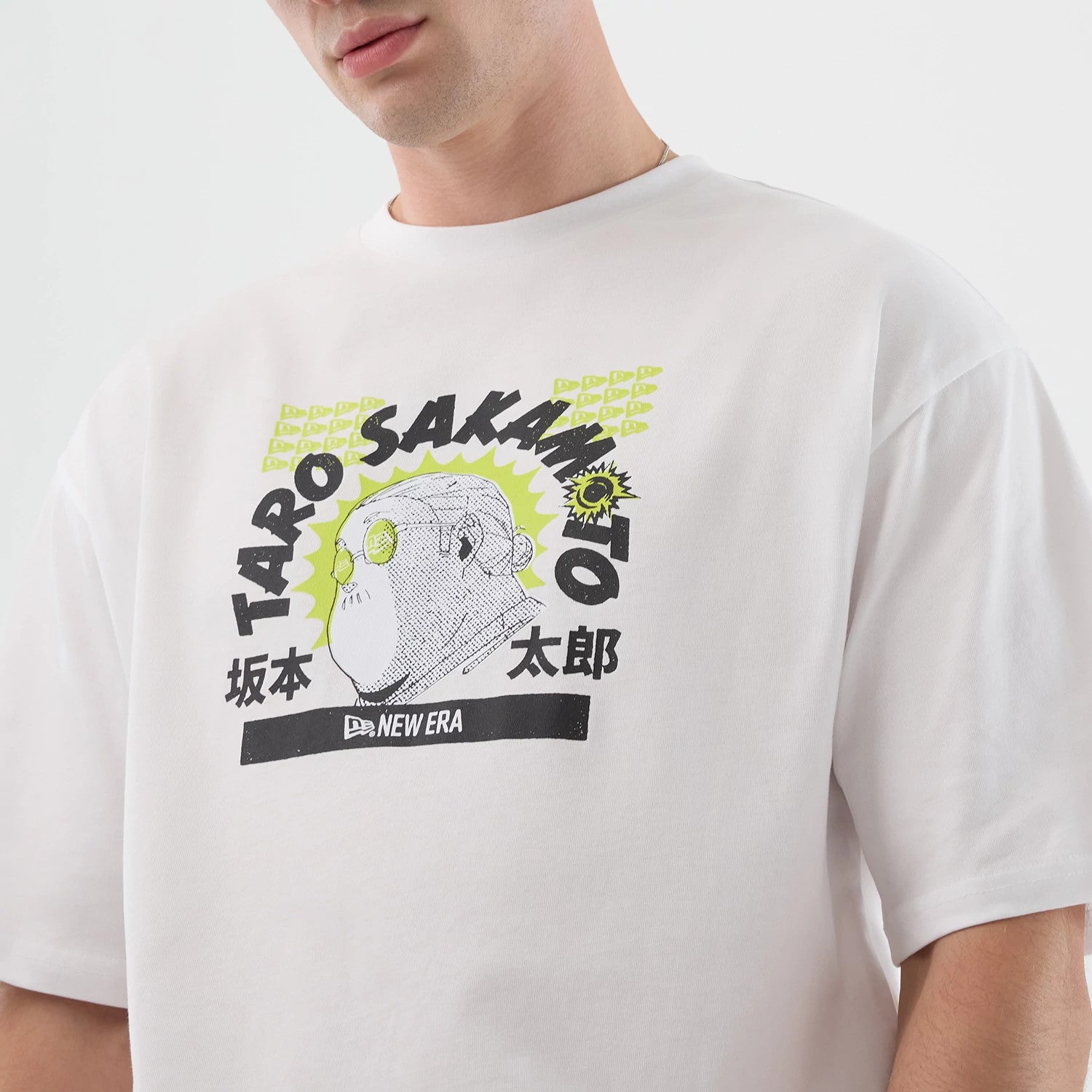 The Male model is wearing Sakamoto Days Character Graphic Netflix White T-Shirt 3
