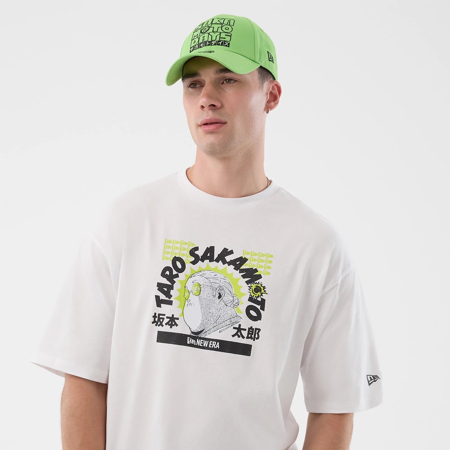 The Male model is wearing Sakamoto Days Character Graphic Netflix White T-Shirt 6