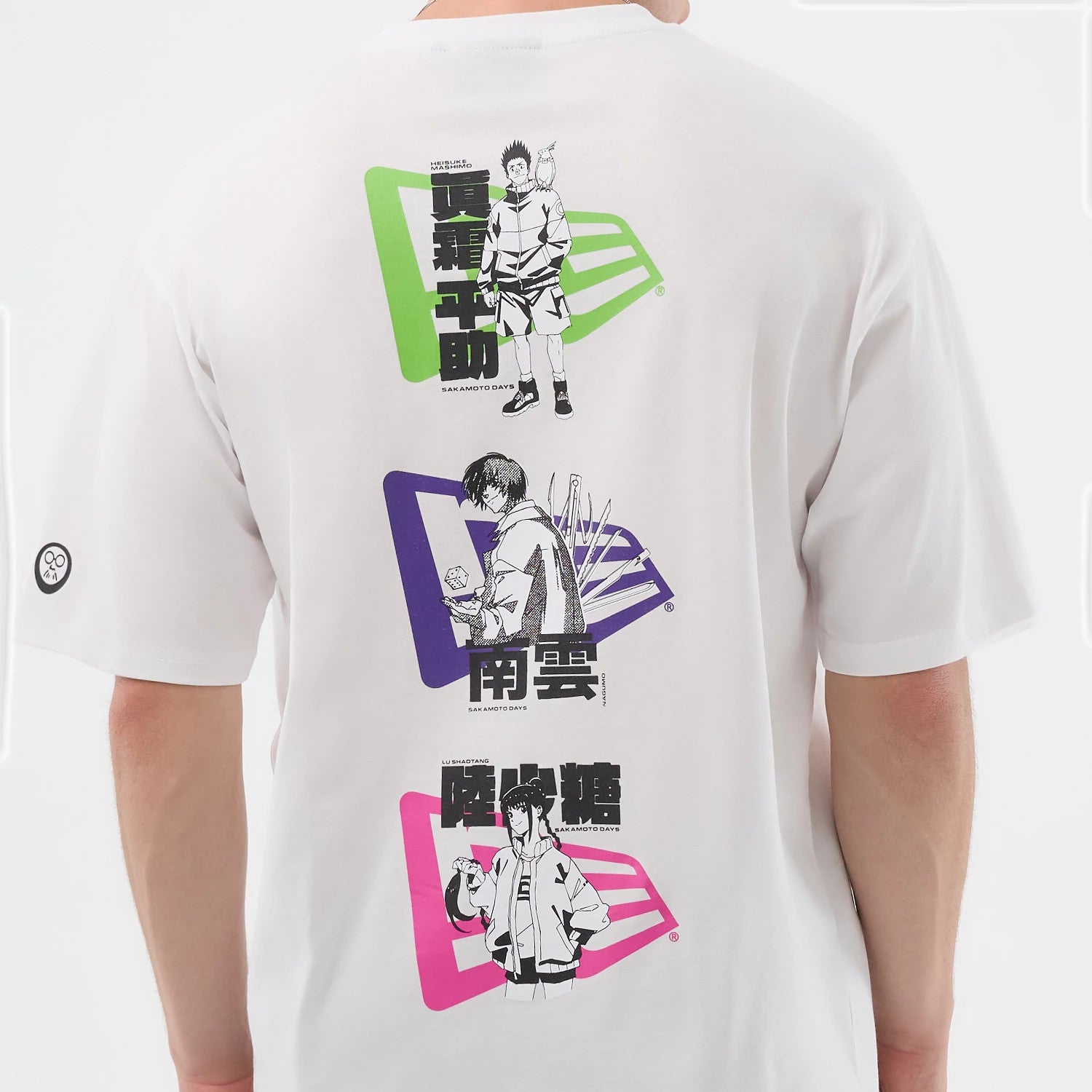 The Male model is wearing Sakamoto Days Character Graphic Netflix White T-Shirt 4