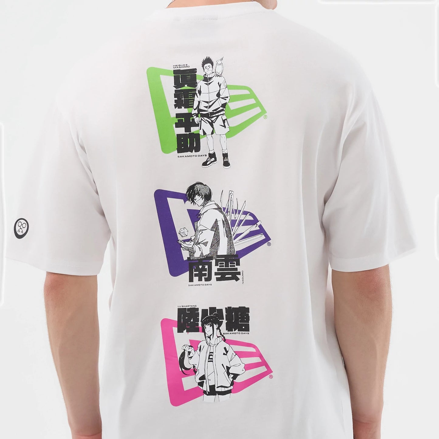 The Male model is wearing Sakamoto Days Character Graphic Netflix White T-Shirt 4
