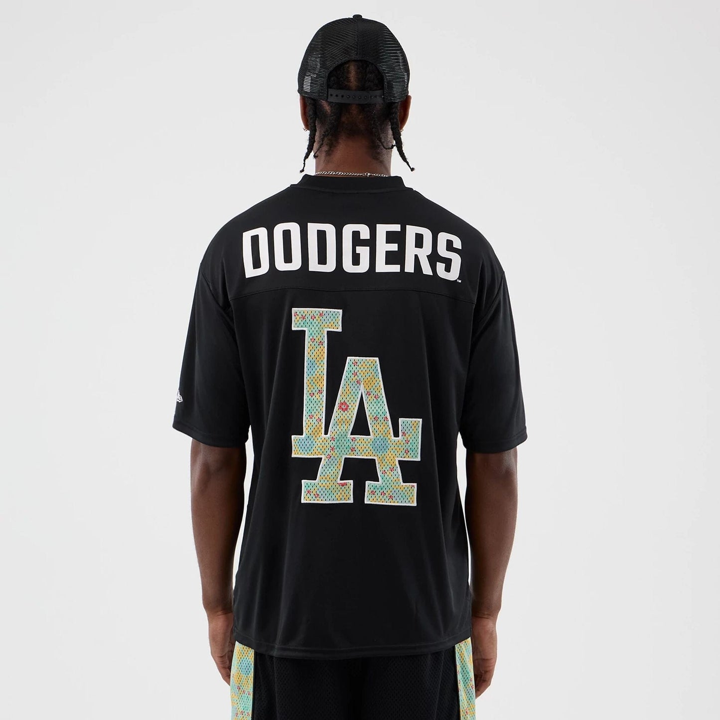 The Male model is wearing LA Dodgers MLB Mesh Infill Black Oversized T-Shirt 2