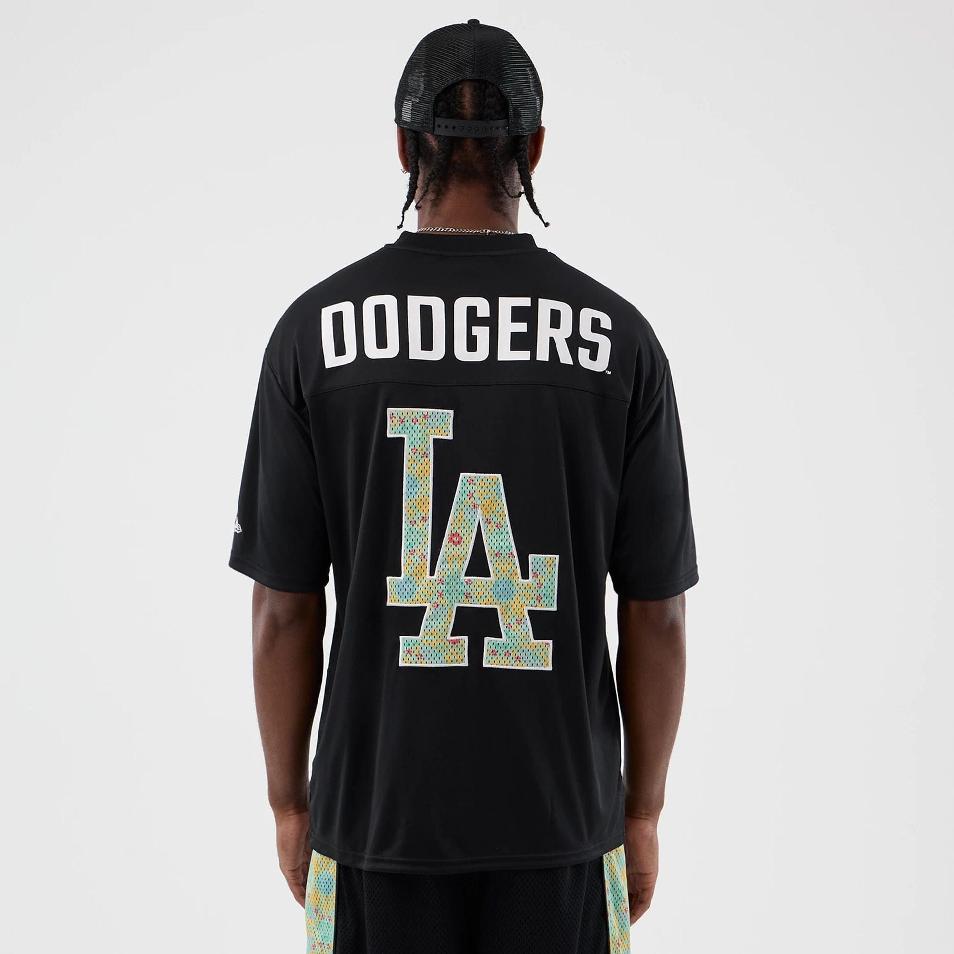 The Male model is wearing LA Dodgers MLB Mesh Infill Black Oversized T-Shirt 2