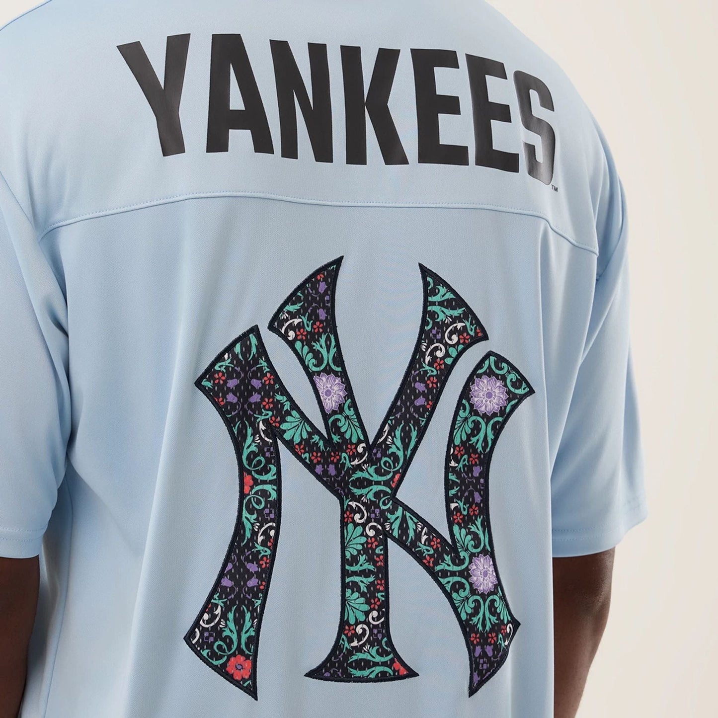 The Male model is wearing New York Yankees MLB Mesh Infill Pastel Blue Oversized T-Shirt 5