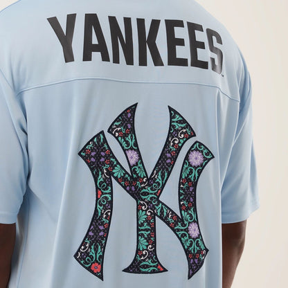The Male model is wearing New York Yankees MLB Mesh Infill Pastel Blue Oversized T-Shirt 5