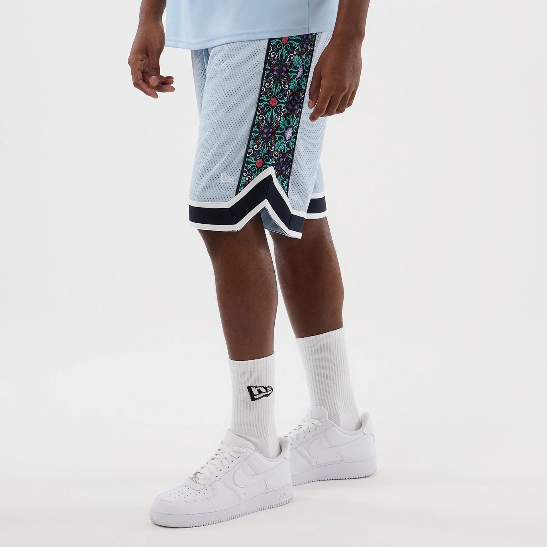 The Male model is wearing New York Yankees MLB Mesh Pastel Blue Mesh Shorts 6