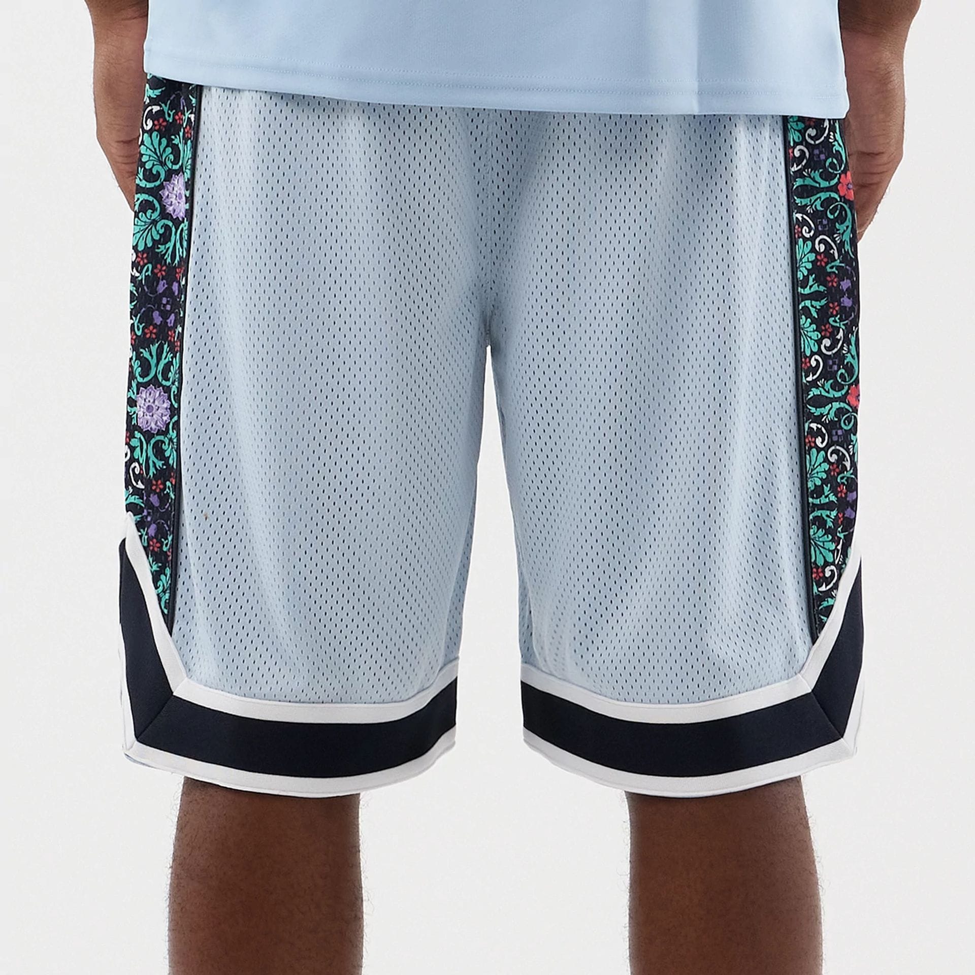 The Male model is wearing New York Yankees MLB Mesh Pastel Blue Mesh Shorts 5