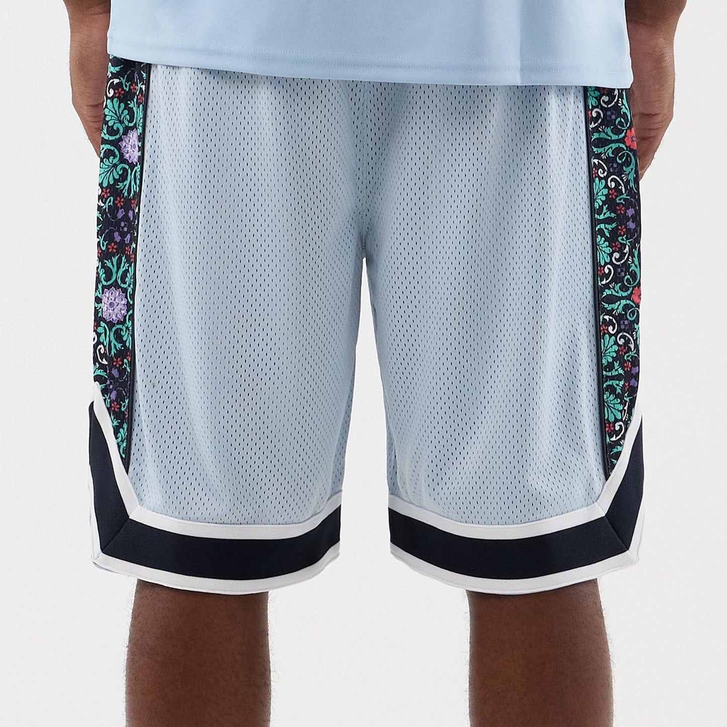 The Male model is wearing New York Yankees MLB Mesh Pastel Blue Mesh Shorts 5