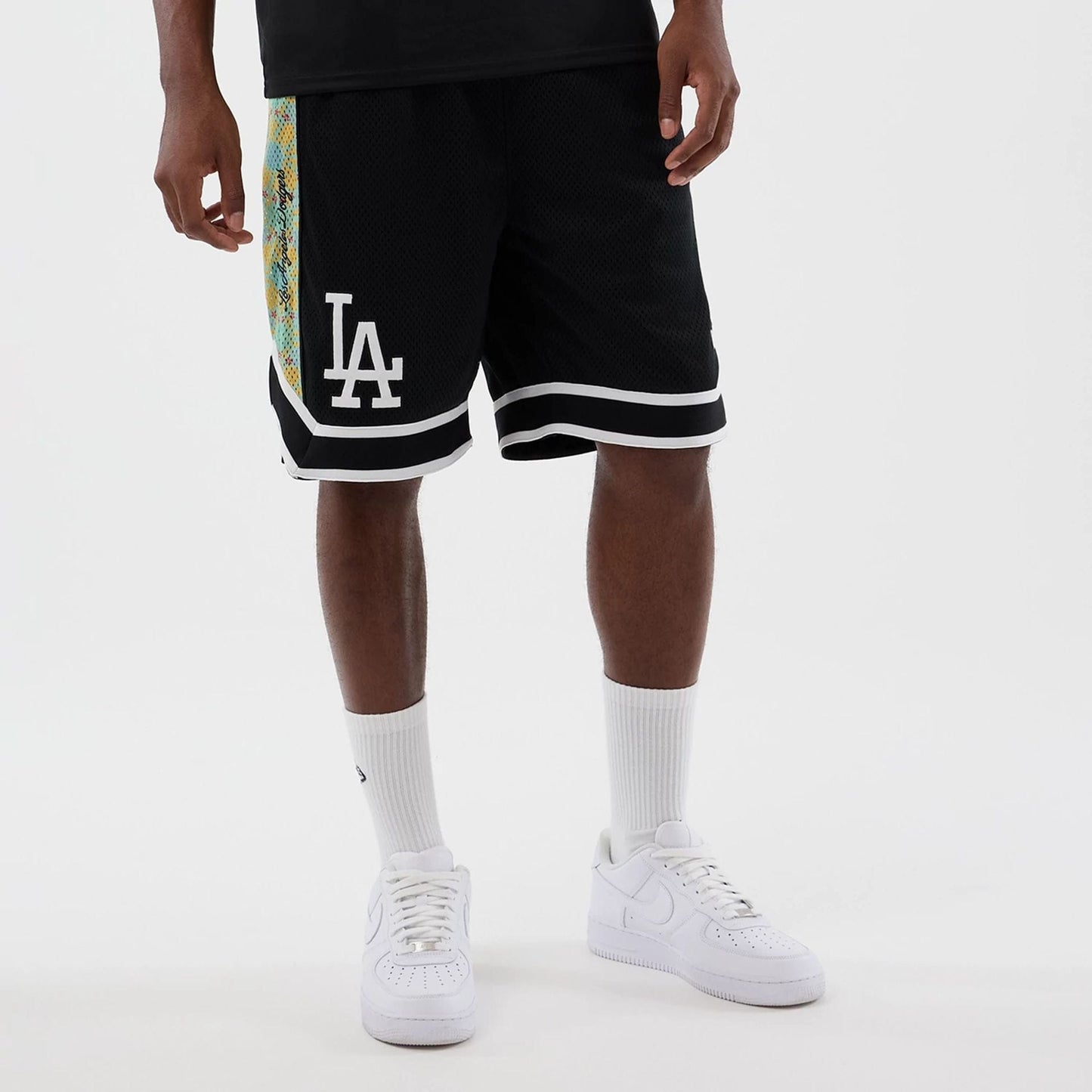 The Male model is wearing LA Dodgers MLB Mesh Black Mesh Shorts 6