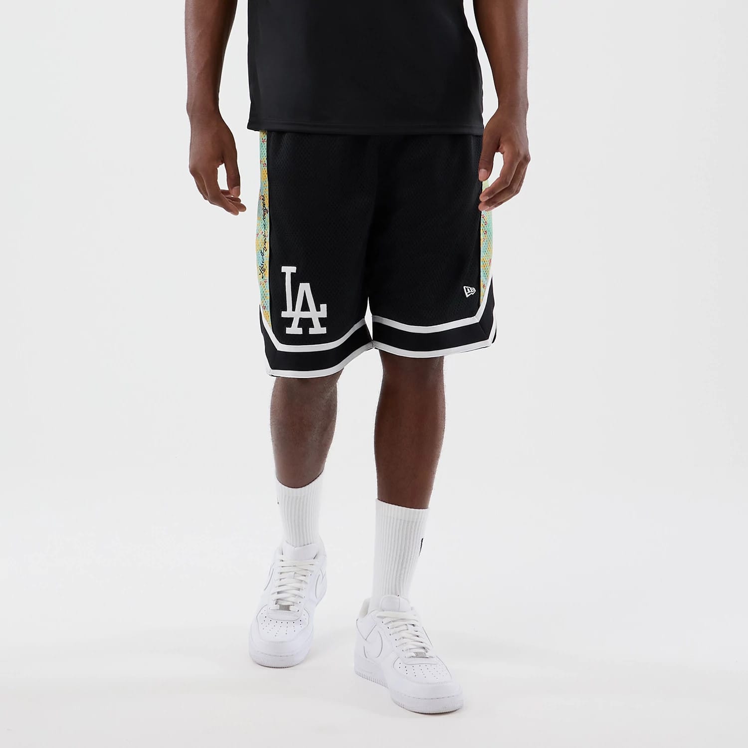 The Male model is wearing LA Dodgers MLB Mesh Black Mesh Shorts 1