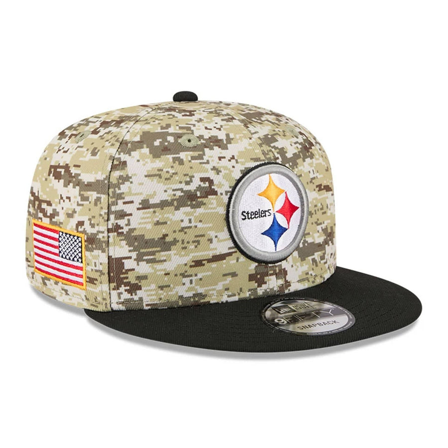 This is a Pittsburgh Steelers NFL Salute To Service 2025 Black 9FIFTY Snapback Adjustable Cap 1