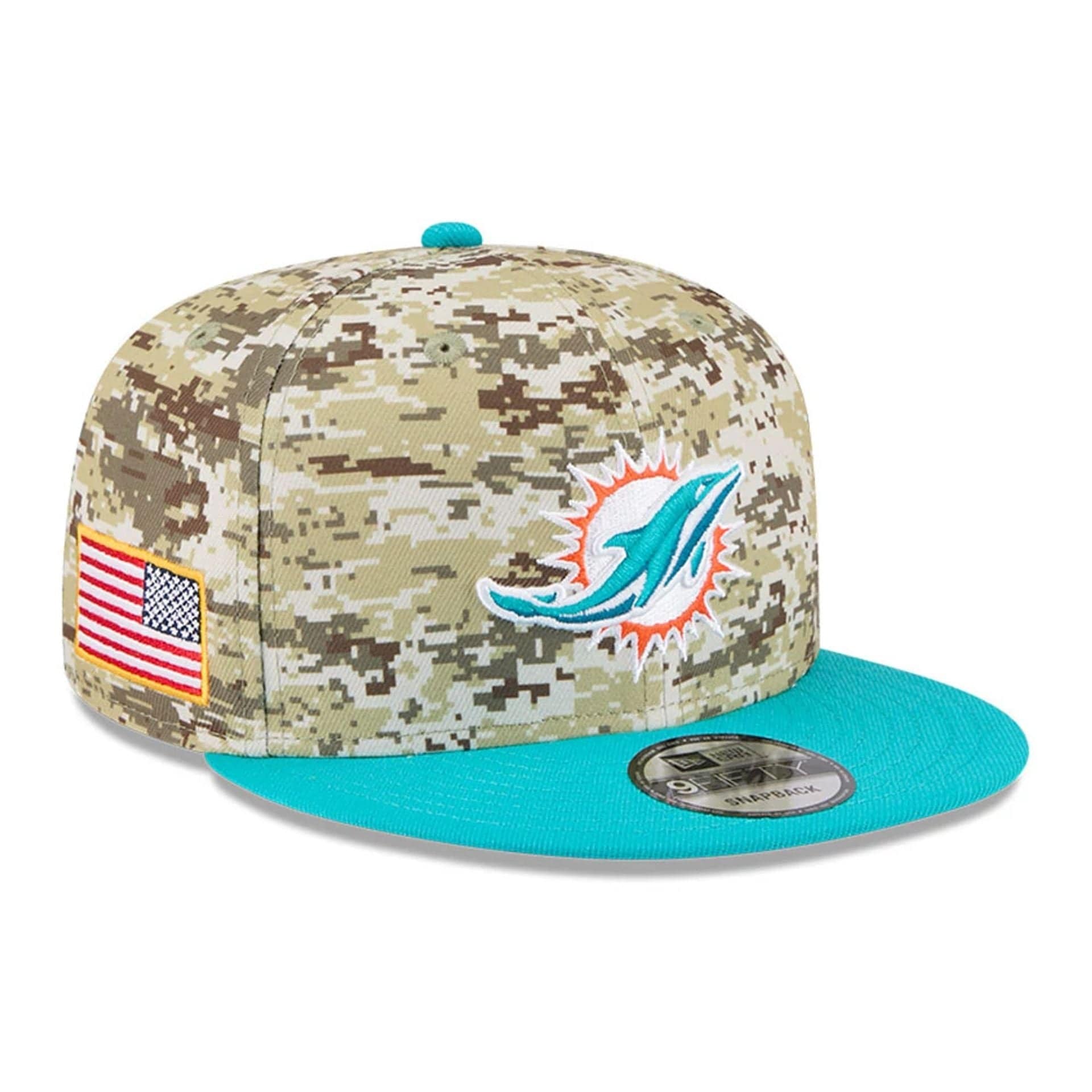 This is a Miami Dolphins NFL Salute To Service 2025 Turquoise 9FIFTY Snapback Adjustable Cap 1
