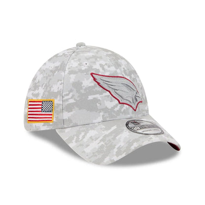 This is a Arizona Cardinals NFL Salute To Service 2025 Grey Camo 39THIRTY Stretch Fit Cap 1