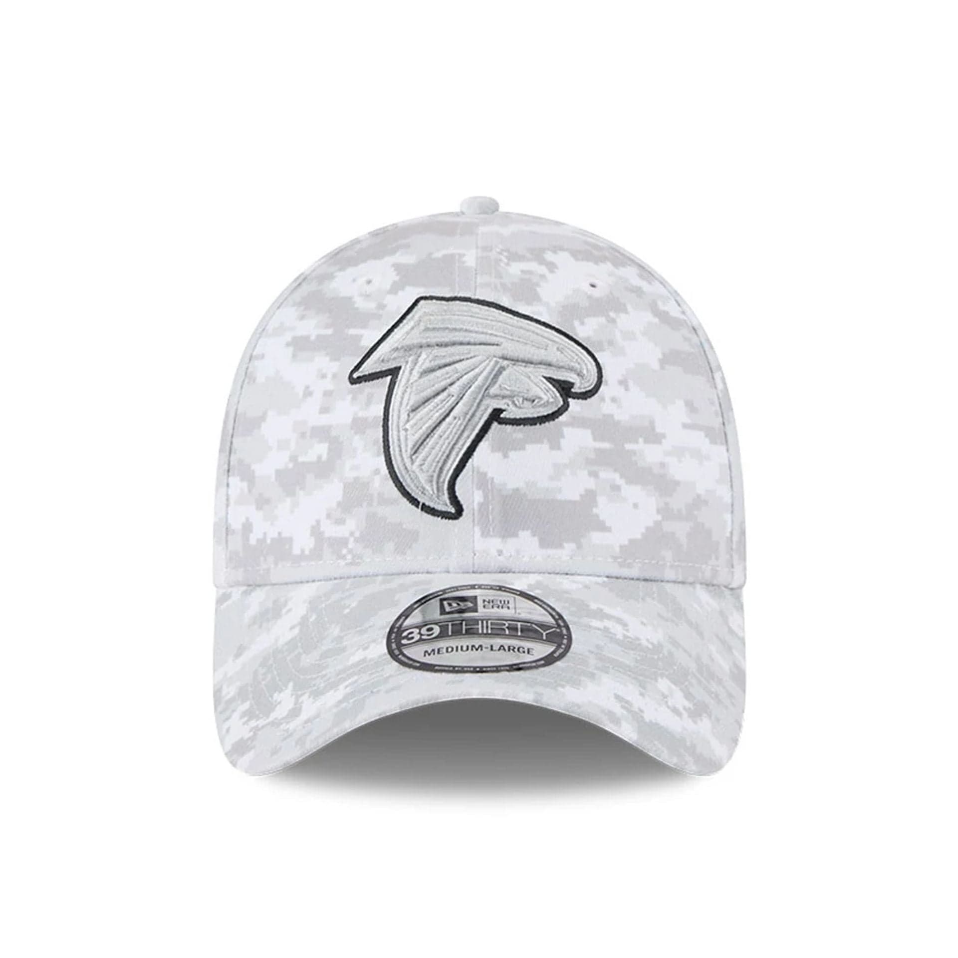 This is a Atlanta Falcons NFL Salute To Service 2025 Grey Camo 39THIRTY Stretch Fit Cap 3