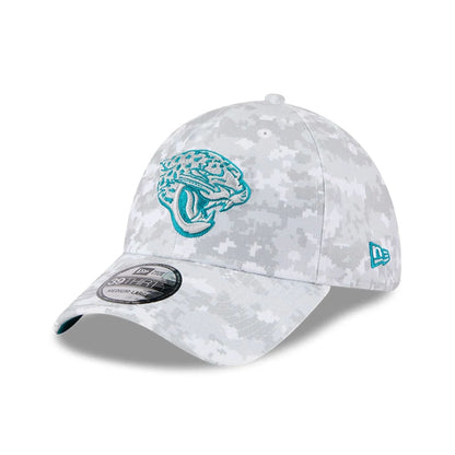 This is a Jacksonville Jaguars NFL Salute To Service 2025 Grey Camo 39THIRTY Stretch Fit Cap 4