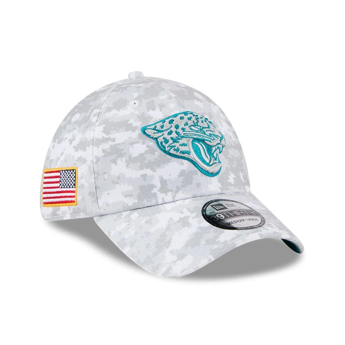 This is a Jacksonville Jaguars NFL Salute To Service 2025 Grey Camo 39THIRTY Stretch Fit Cap 1