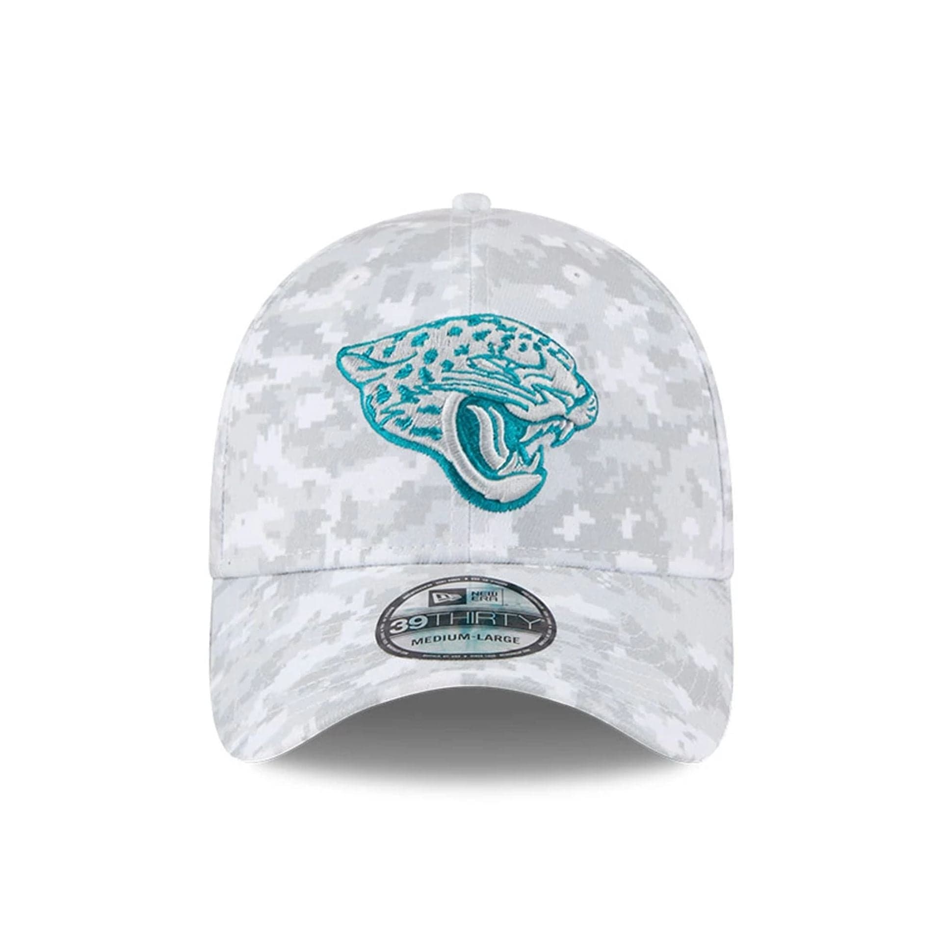 This is a Jacksonville Jaguars NFL Salute To Service 2025 Grey Camo 39THIRTY Stretch Fit Cap 3