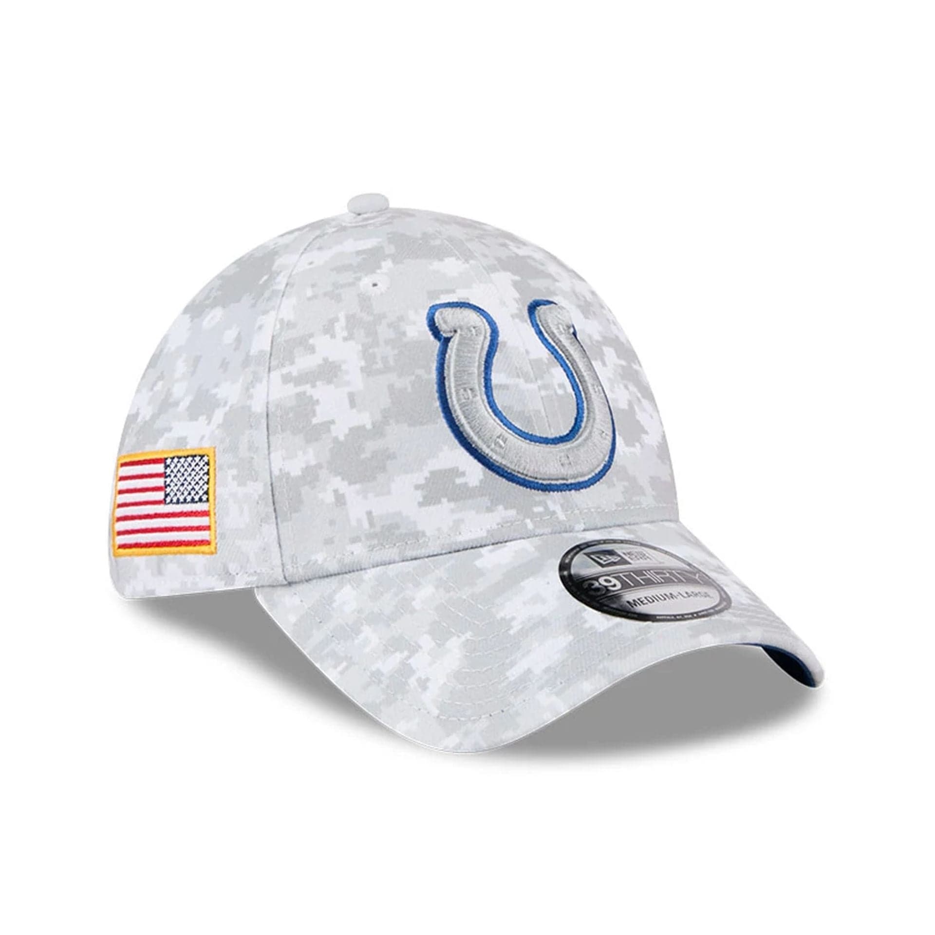 This is a Indianapolis Colts NFL Salute To Service 2025 Grey Camo 39THIRTY Stretch Fit Cap 1